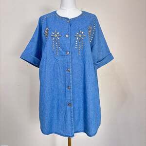 VTG Bonnie Blair Denim Chambray Shirt Studded Western 90s Grandma-chic L